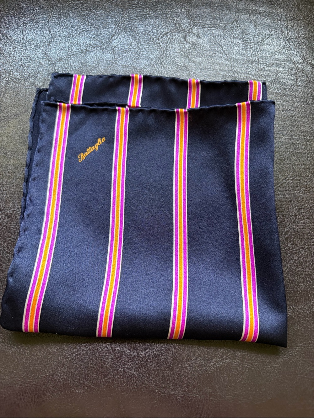 Sara Battaglia Navy Pocket Square with Pink & Gold Stripes